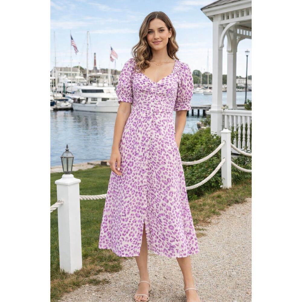 Who What Wear Fuchsia Leopard Print Puff Sleeve Button Front Midi Dress - Small - Picture 1 of 13